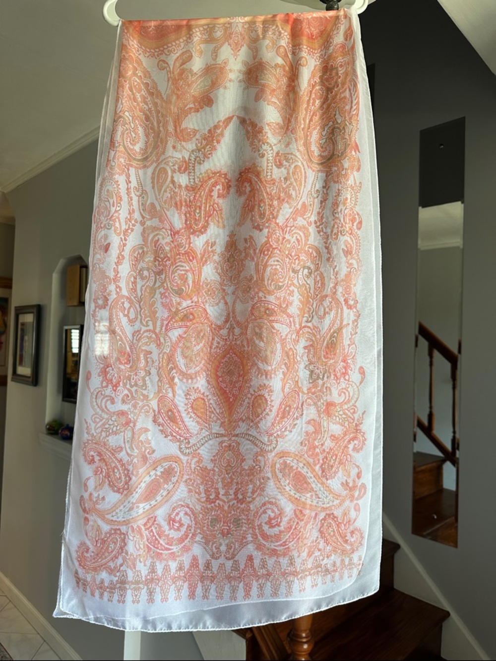 🌺 Sheer Oversized Paisley Scarf in Coral and White